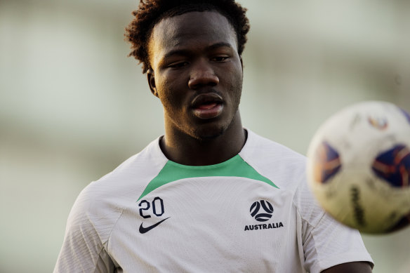 Nestory Irankunda at training with the Socceroos on the Gold Coast.