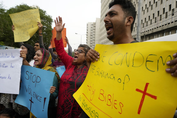 Members of Christian groups and others demonstrate  in Karachi to condemn the attack.