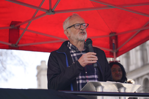 Former Labour Party leader Jeremy Corbyn speaks during a protest, outside the gates of Downing Street in 2022.