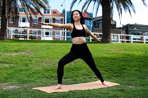 Ellie Tam wearing pieces from her activewear brand Estroni, made primarily from merino wool.