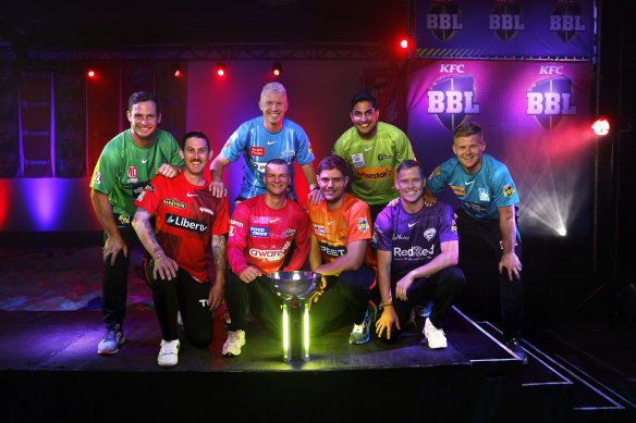 Hilton Cartwright (Melbourne Stars), Nic Maddinson (Melbourne Renegades), Peter Siddle (Adelaide Strikers), Josh Philippe (Sydney Sixers), Aaron Hardie (Perth Scorchers), Jason Sangha (Sydney Thunder), Nathan Ellis (Hobart Hurricanes) and Sam Billings (Brisbane Heat) at the launch of the KFC BBL 12 season at The Venue in Sydney.