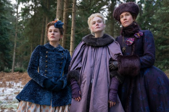 Phoebe Fox, Elle Fanning and Belinda Bromilow in The Great season 2.