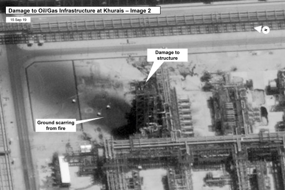 Damage to infrastructure at Saudi Aramco's Kuirais oil field in Buqyaq, Saudi Arabia. 