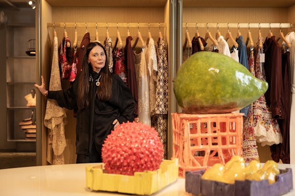 Nicky Zimmermann with designs in the new Zimmermann CBD store and ceramic artworks by Mechelle Bounpraseuth.