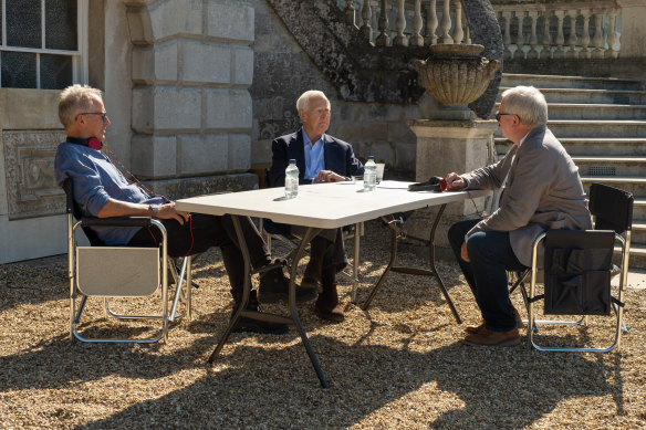 John le Carré (David Cornwell) with sons Stephen Cornwell (left) and Simon Cornwell (right) during filming of The Pigeon Tunnel.