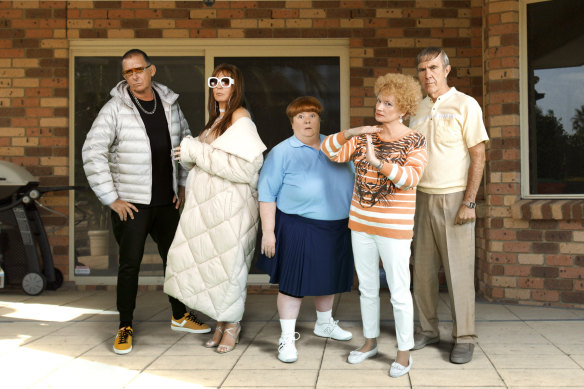 Kath & Kim cast members (from far left): Peter Rowsthorn (Brett Craig), Gina Riley (Kim Day Craig), Magda Szubanski (Sharon Strzelecki), Jane Turner (Kath Day Knight) and Glenn Robbins (Kel Knight).