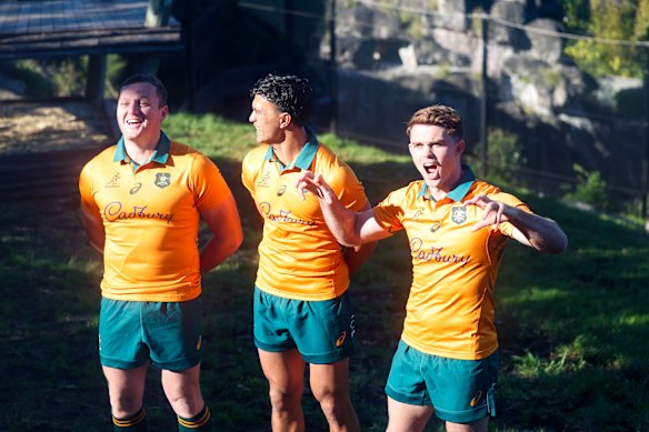Wallabies Angus Bell, Joseph-Aukuso Suaalii and Andrew Kellaway gather ahead of the British and Irish Lions tour at Taronga Zoo






