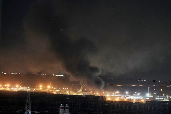 Smoke rises after an explosion at the airport in Erbil, Iraq, on Wednesday.