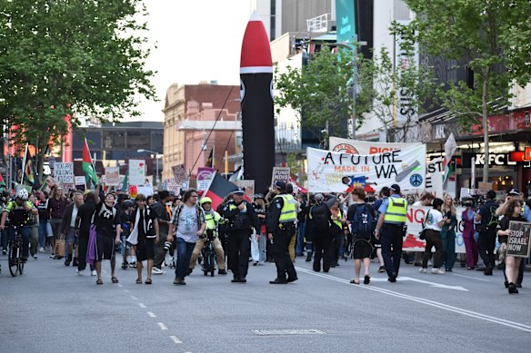 Hundreds of protesters marched to Elizabeth Quay. 