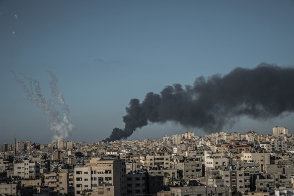Cross-border air war: a fire north of Gaza City, along with rockets shot from from Gaza toward Israel.