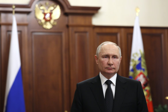 Russian President Vladimir Putin addresses the nation after Yevgeny Prigozhin, the owner of the Wagner Group military company, called for armed rebellion and reached the southern city of Rostov-on-Don with his troops, in Moscow, Russia, on Saturday.