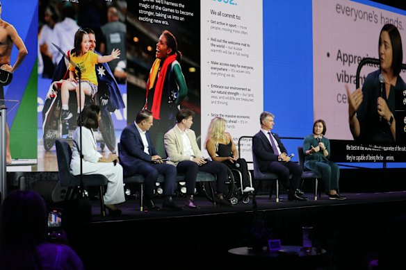 Australian athletes Lachie Kennedy, Madison de Rozario and Anna Meares were among those attending the panel at the Brisbane 2032 Games Vision announcement.