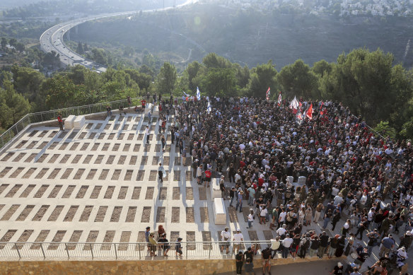 Mourners gather for the burial of Hersh Goldberg-Polin in Jerusalem.