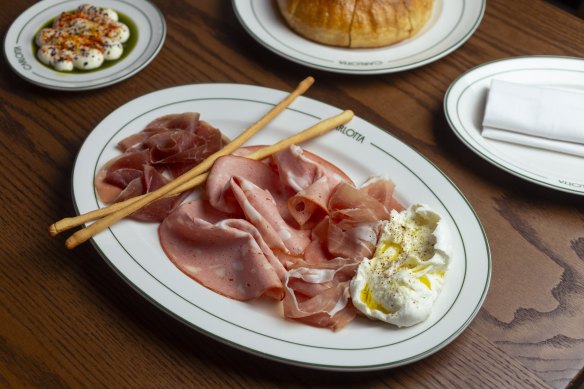 Salumi misto di buffala with prosciutto, bresaola, mortadella and mozzarella.