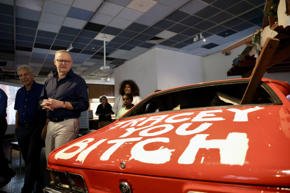 Prime Minister Anthony Albanese during a visit to the reopened Cyclone Tracy exhibit at the Museum and Art Gallery of the Northern Territory in Darwin.