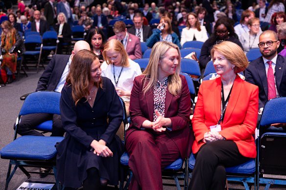 Albanese acknowledged Julia Gillard (right), pictured here at the conference with Victoria Starmer (left) and Jodie Haydon (centre).  