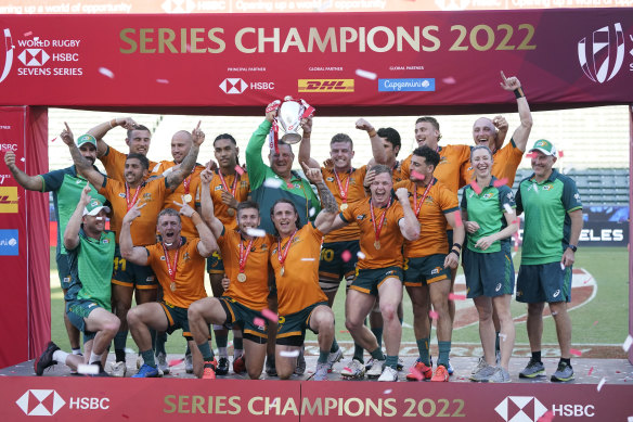 Australia celebrate winning the World Rugby Sevens Series in Los Angeles.