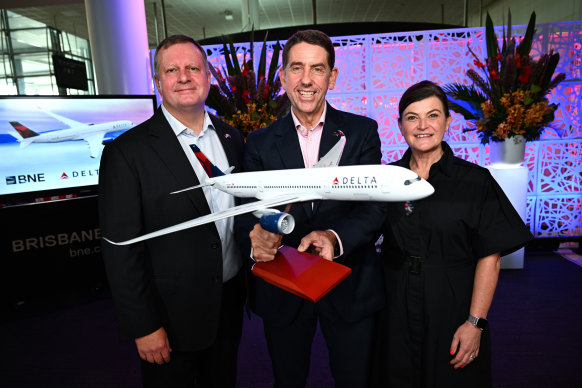 (Left to right) Brisbane Airport CEO Gert-Jan de Graaff, Queensland deputy premier Cameron Dick and Delta Australia manager Kelly Clive at the announcement of Delta Air Lines new direct LA to Brisbane flight. 