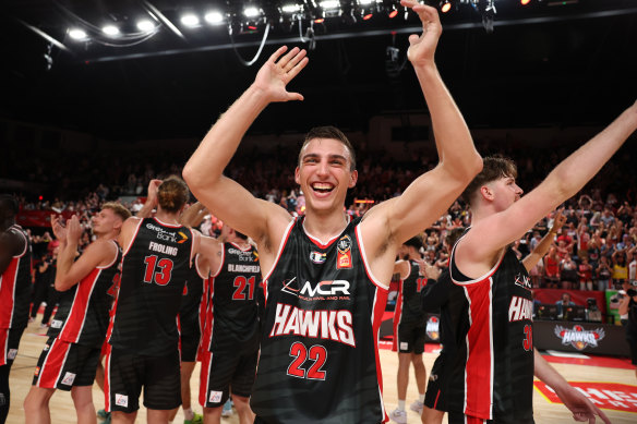 Mason Peatling celebrates victory over the Sydney Kings in Wollongong.