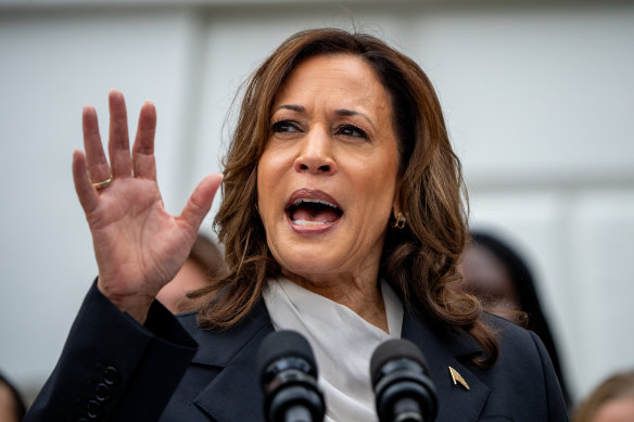 Vice President Kamala Harris speaks during an NCAA championship teams celebration on the South Lawn of the White House. 