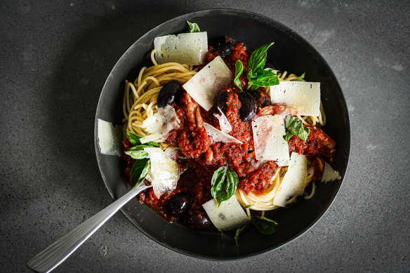 Quarantine pasta sauce with tuna and olives by Katrina Meynink.