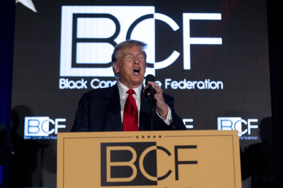 Trump speaks at the Black Conservative Federation’s annual honours dinner on Friday in Columbia, South Carolina.