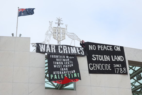 Pro-Palestine protesters at Parliament House in Canberra on Thursday.