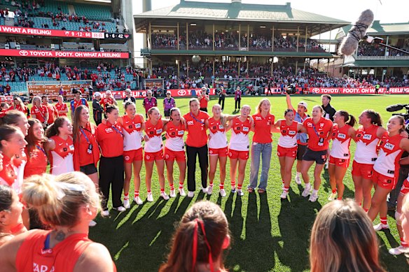 Sydney players gather after the AFLW victory on Sunday.