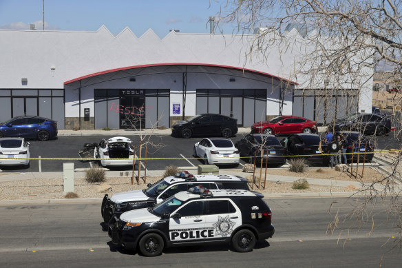 In Las Vegas, several Tesla vehicles were set ablaze outside a Tesla service centre where the word “resist” was also painted in red across the building’s front doors.