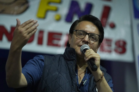 Fernando Villavicencio speaks during a campaign event at a school minutes before he was shot dead.