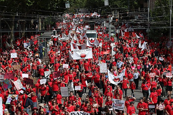 Teachers rallying at the steps of Parliament House in Spring Street.