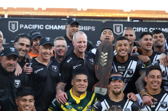 Michael Maguire celebrates New Zealand’s Pacific Championships final victory.