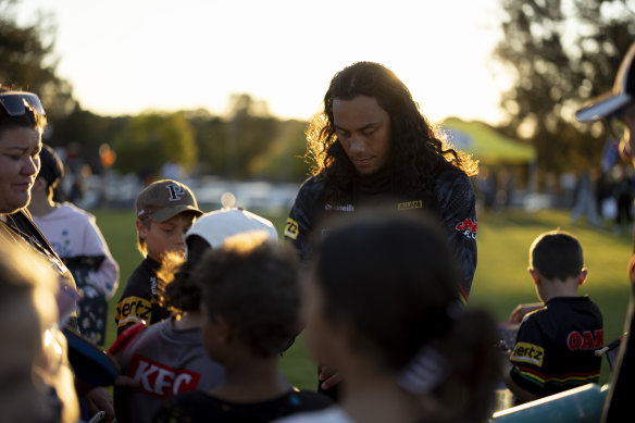 Fan favourite: Jarome Luai takes time out with the Bathurst locals.