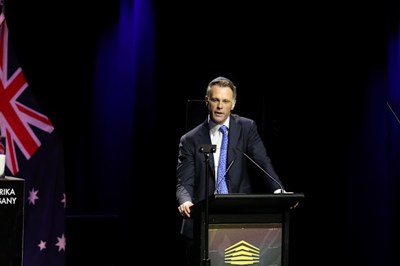 NSW Premier Chris Minns speaks at the Sydney Opera House National Day of Mourning ceremony last night.