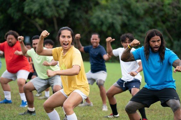 Kaimana (left) plays Jaiyah Saelua, a faʻafafine (third gender) player, in Next Goal Wins.