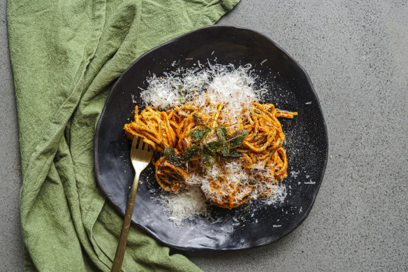 This smooth pumpkin sauce clings to any long pasta shape.
