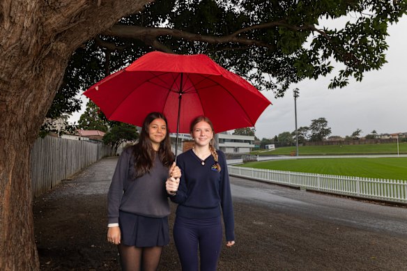 Students Anna Chotchov, 15, and Abi Kennedy, 16, would like to see better lighting and additional sheltered spaces.