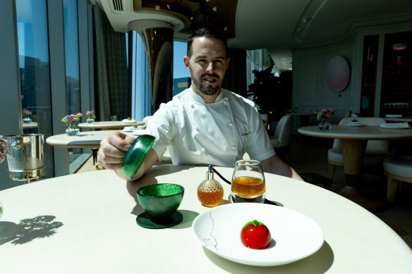 Chef Alan Stuart at Oncore restaurant at Barangaroo with his  apple dessert. 