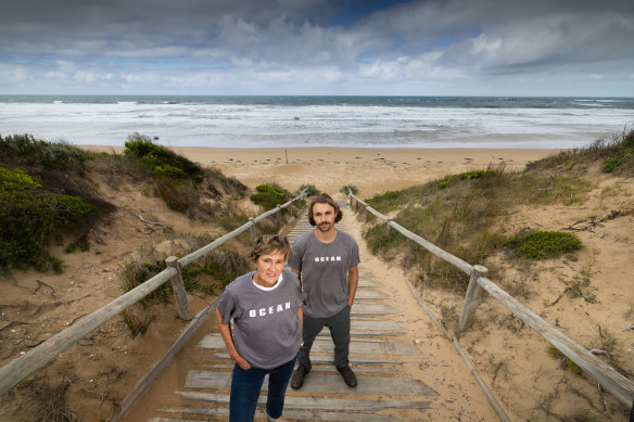 Lisa Deppeler and Mitch Pope from Otways Climate Emergency Action Network at Barwon Heads near Geelong.