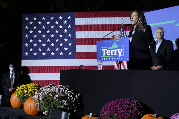 US Vice-President Kamala Harris, left, at a rally for Democratic gubernatorial candidate, former Virginia governor Terry McAuliffe in Dumfries last week.