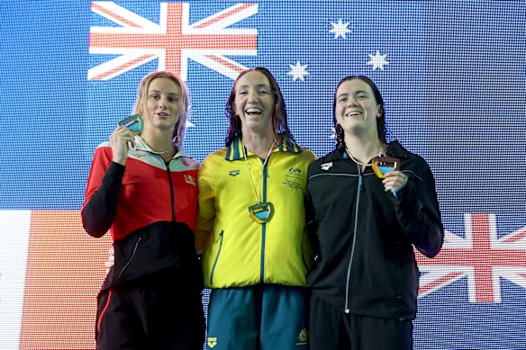 Summer McIntosh, Lani Pallister and Erika Fairweather after the 200m freestyle final.