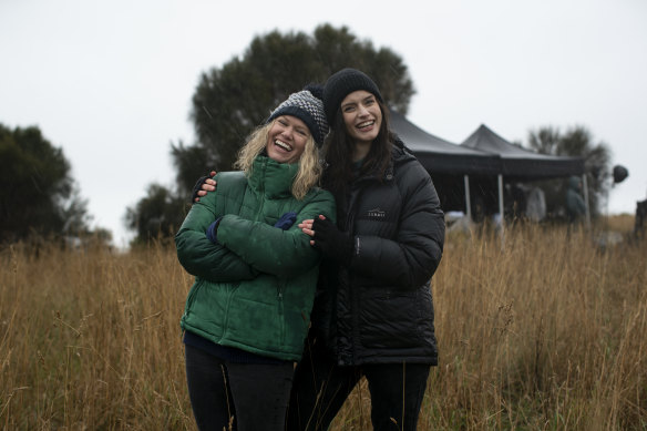 Showrunners Kate McLennan (left) and Kate McCartney on the set of <i>Deadloch</i> in Tasmania.