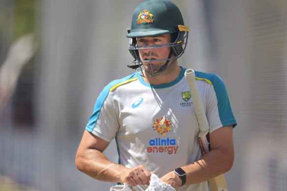 Moises Henriques gets ready for a net session with the Australian T20 team.