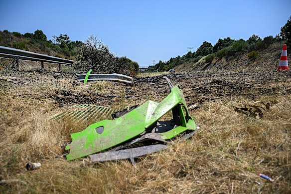 The wreckage of the Lamborghini at the crash site.