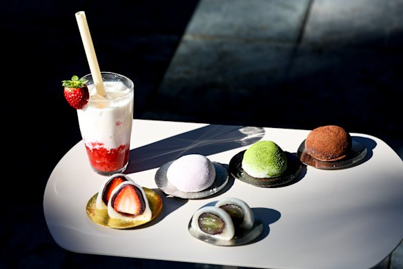 Daifuku in strawberry, double chocolate, grape, blueberry, and matcha, with Commission Coffee’s iced strawberry and condensed milk drink. 