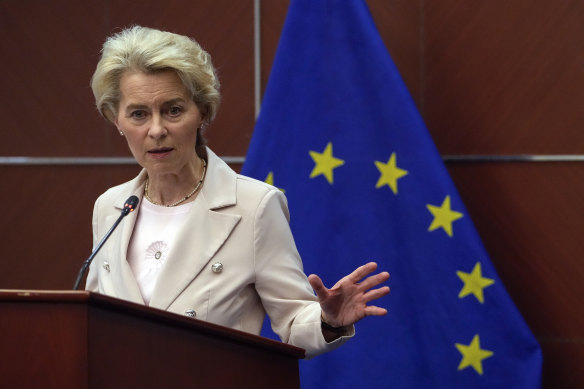 European Commission President Ursula von der Leyen holds a press conference after meeting with Chinese President Xi Jinping in Beijing.