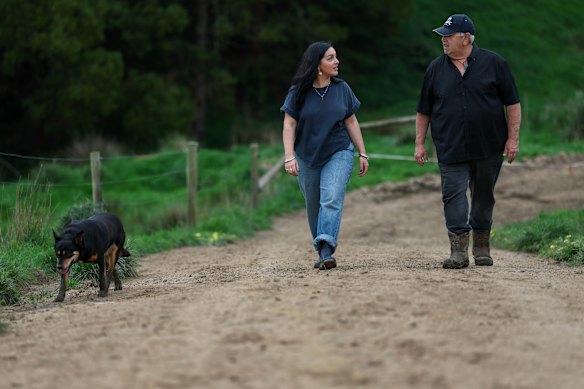 Emma Germano and her uncle, Paul Peluso, with dog Bonnie, are worried about  Marinus Link’s impact on his farm. 
