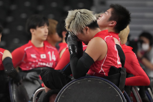 Japan’s Hitoshi Ogawa cries after Britain defeated Japan in a semifinal wheelchair.