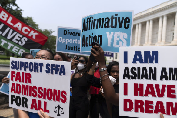 Demonstrators outside the Supreme Court in Washington after it struck down affirmative action in college admissions.