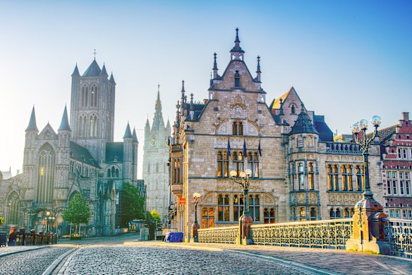 The arched St Michael’s Bridge in the centre of Ghent, Belgium.